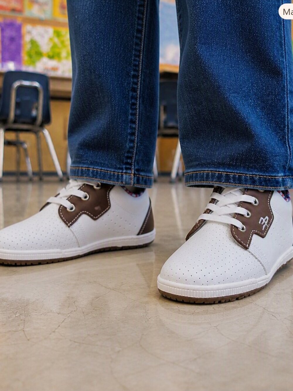 Boy's Casual Brown And White Lace-Up Perforated Sneakers w Anti-fatigue Sole